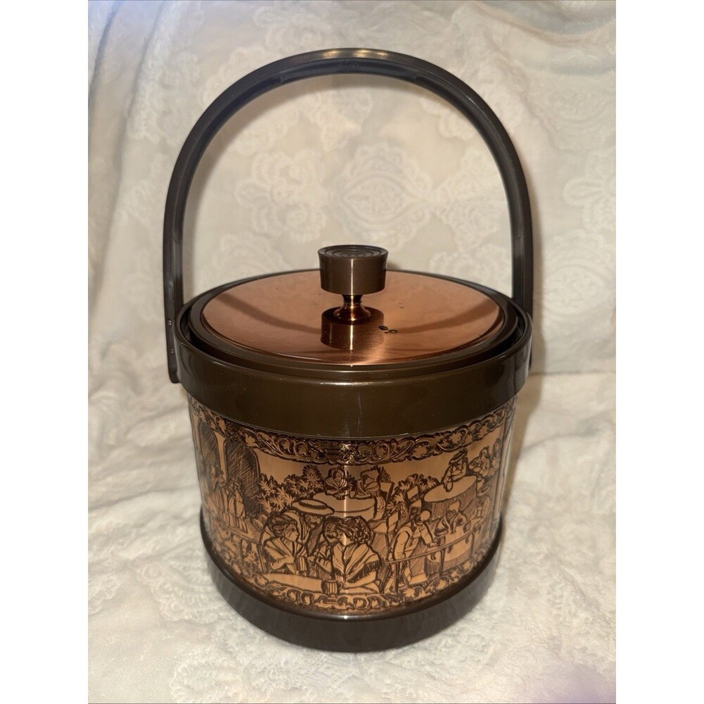 Vtg ATAPCO COPPER Brown ICE BUCKET With Lid German Scene 8” *flaw On Lid